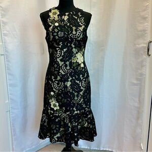 Theia black lace green sequin beaded floral appliqué sleeveless ruffle dress 6
